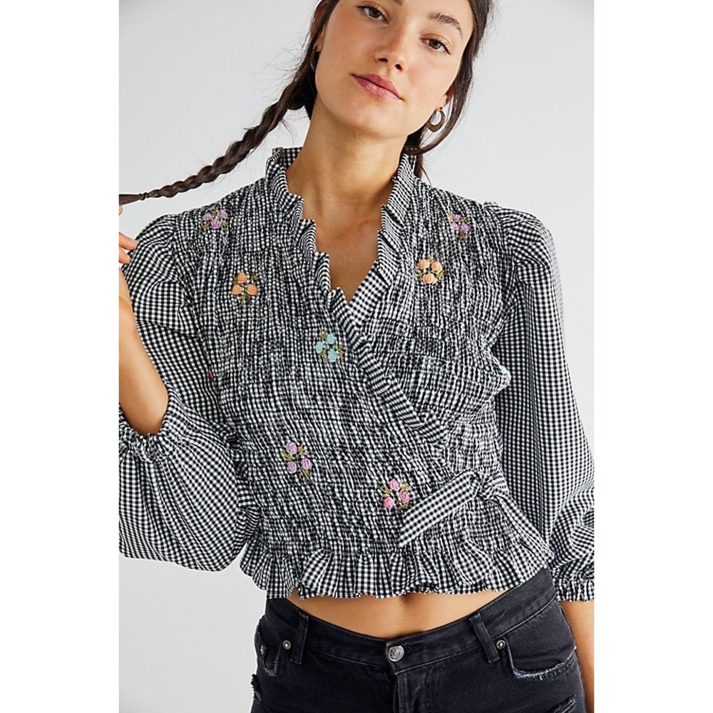 Tach Clothing Cedrina Gingham Embroidered Smocked Wrap Top Black White Small